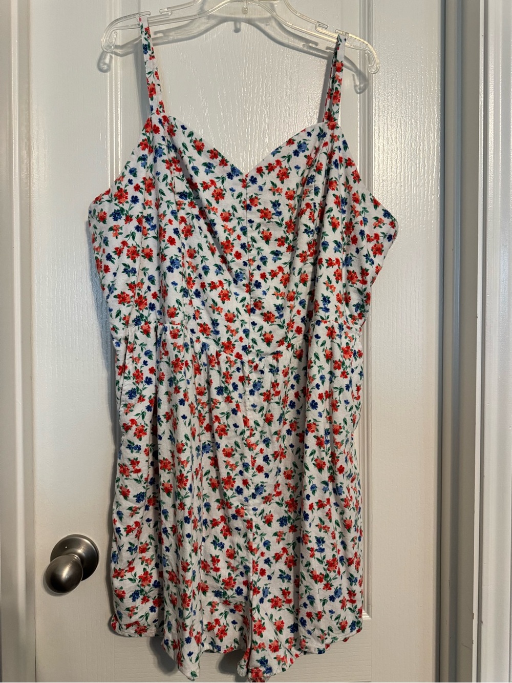 White Floral Spaghetti Strap Romper with Red & Blue Flowers